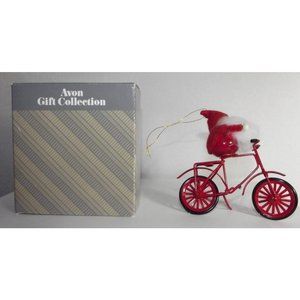 Vintage Avon Frolicking Santas on a Bicycle Christmas Ornament Santa Hat 3.75"